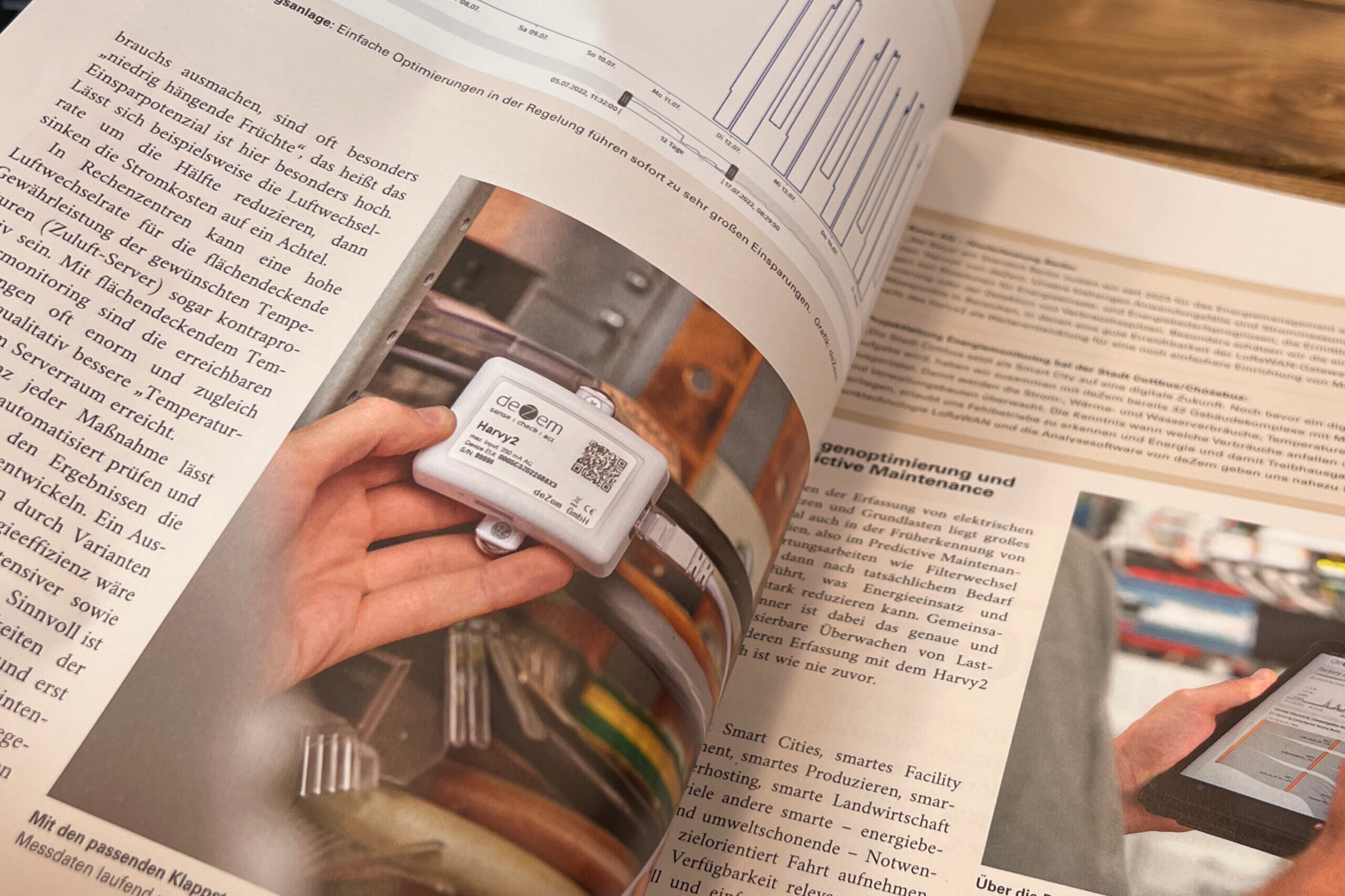 4-Seiten Bericht ueber den neuen Harvy2 LoRaWAN-Stromsensor von deZem im BWK Energie Fachmagazin.