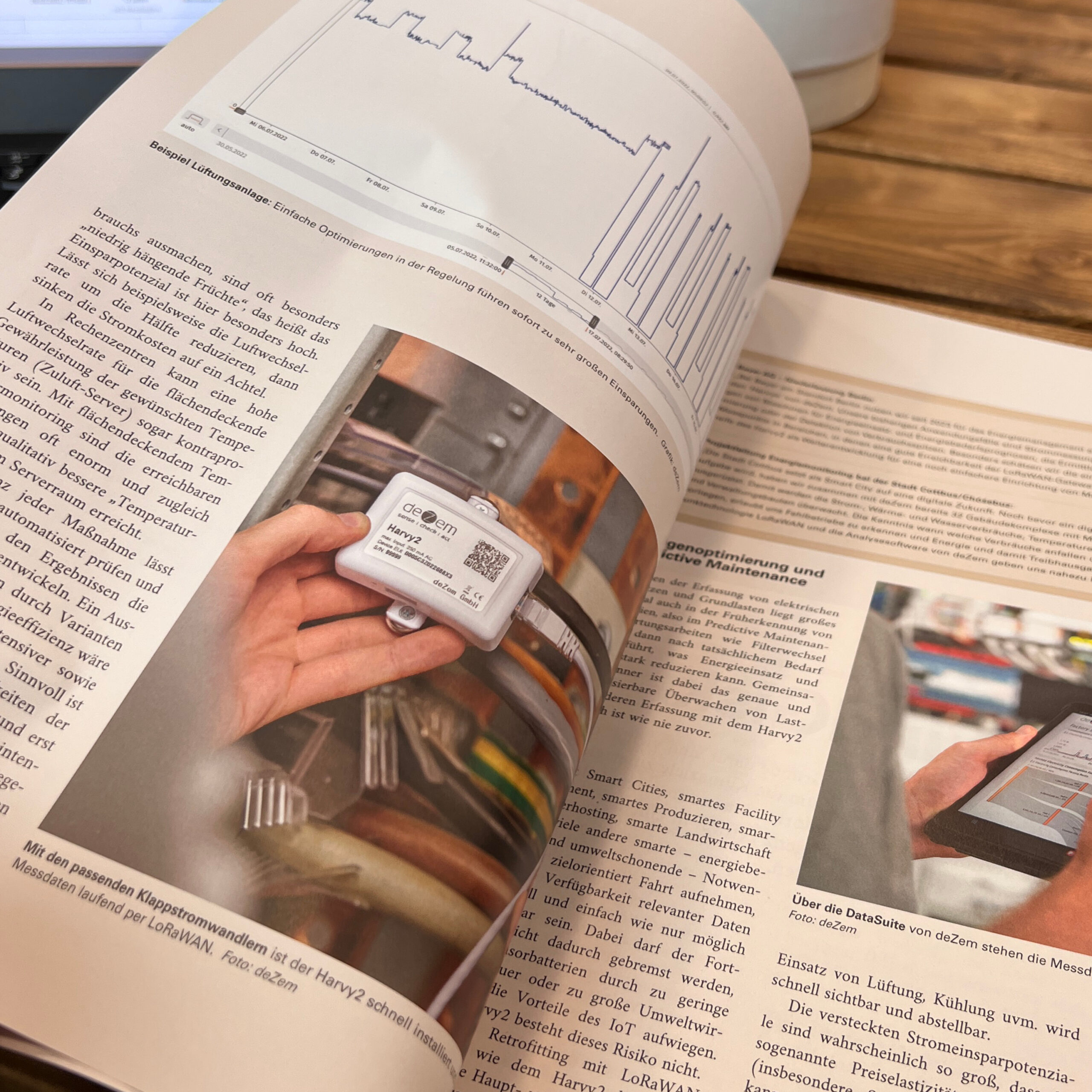 4-Seiten Bericht ueber den neuen Harvy2 LoRaWAN-Stromsensor von deZem im BWK Energie Fachmagazin.