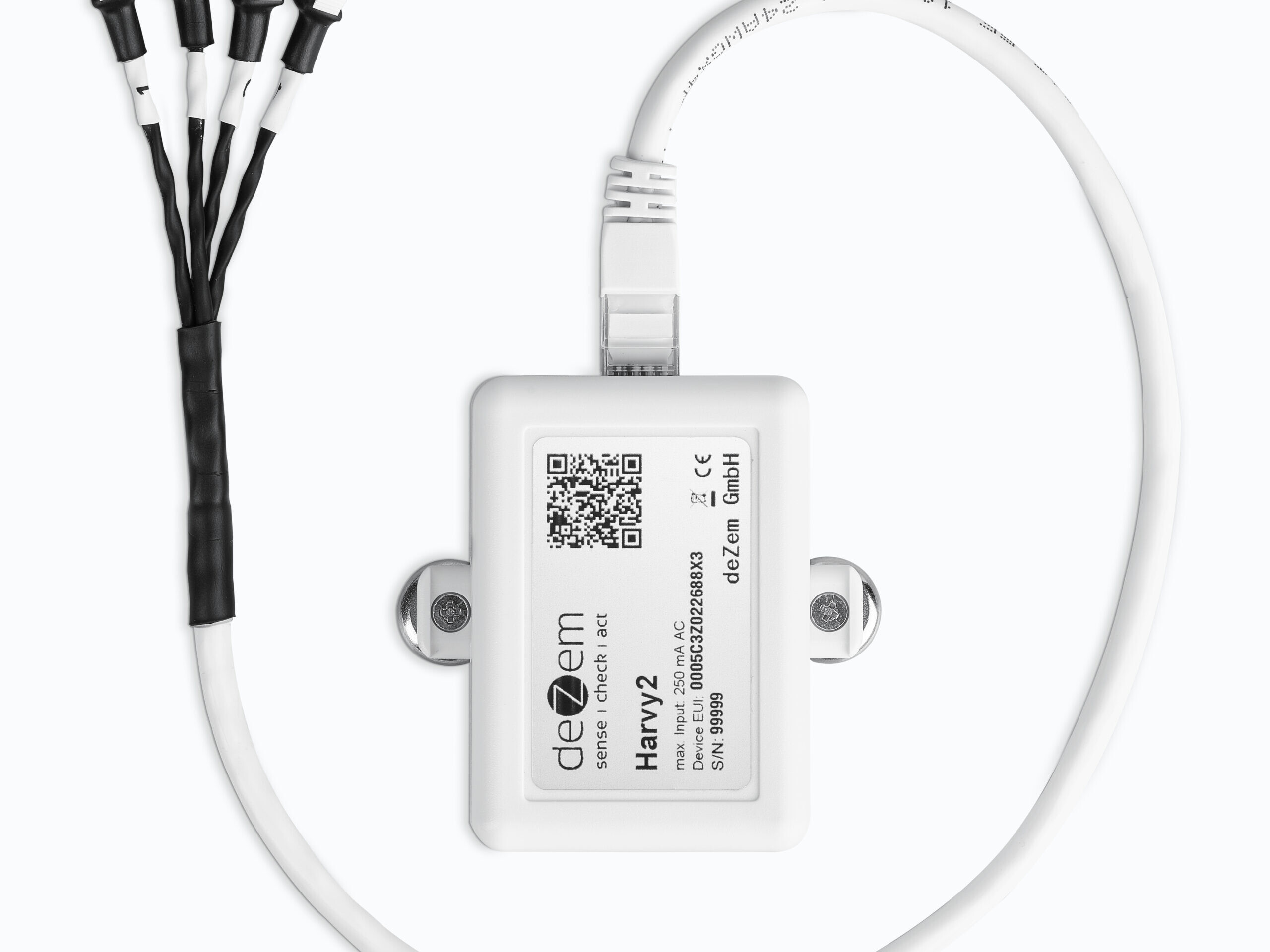 Der deZem Harvy2 IoT-Stromsensor mit 4 JST-Steckern zur praezisen Messung von Effektivstroemen, Wirkleistungen, Netzspannung, Leistungsfaktoren und Netzfrequenz via LoRaWAN-Datenübertragung.