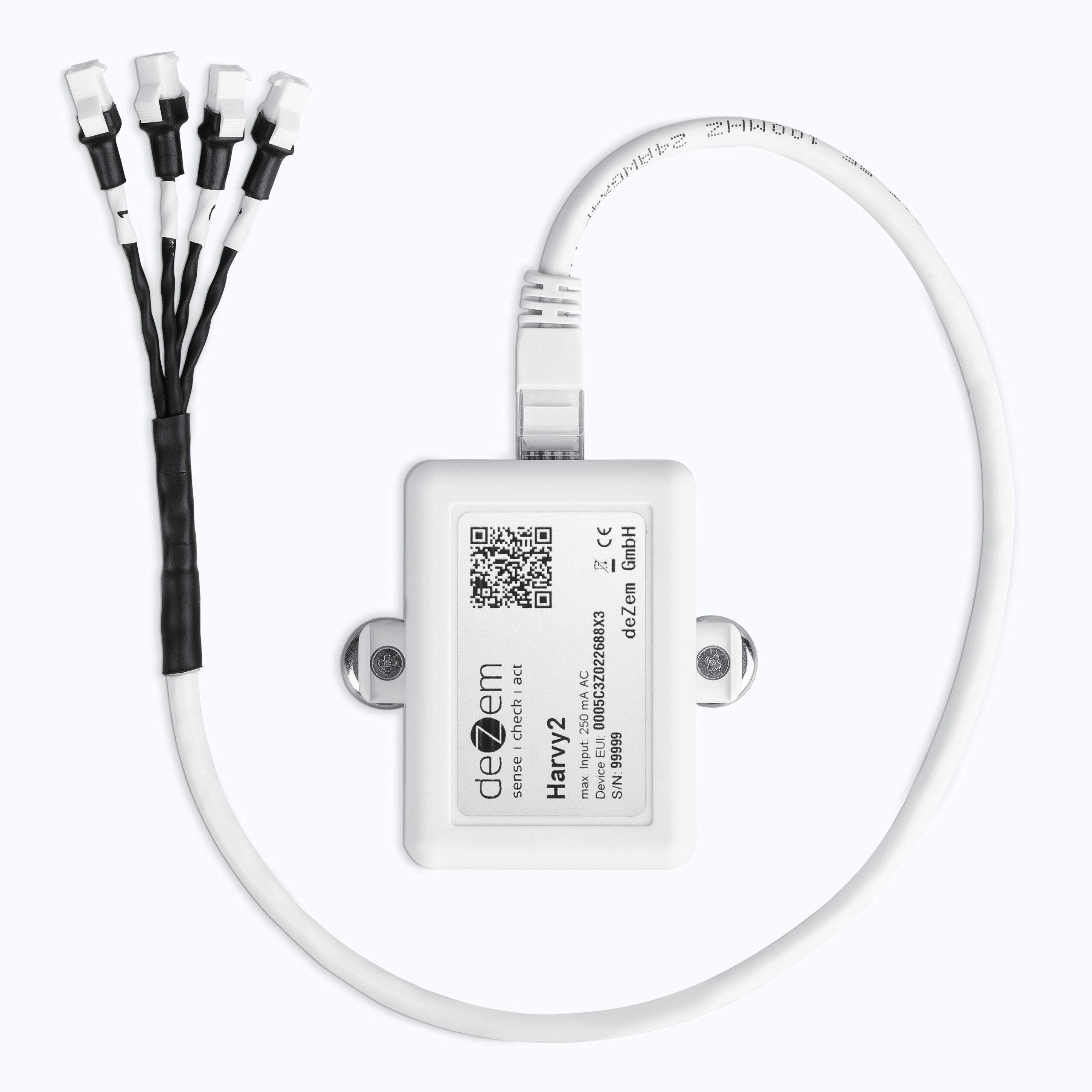 Der deZem Harvy2 IoT-Stromsensor mit 4 JST-Steckern zur praezisen Messung von Effektivstroemen, Wirkleistungen, Netzspannung, Leistungsfaktoren und Netzfrequenz via LoRaWAN-Datenübertragung.