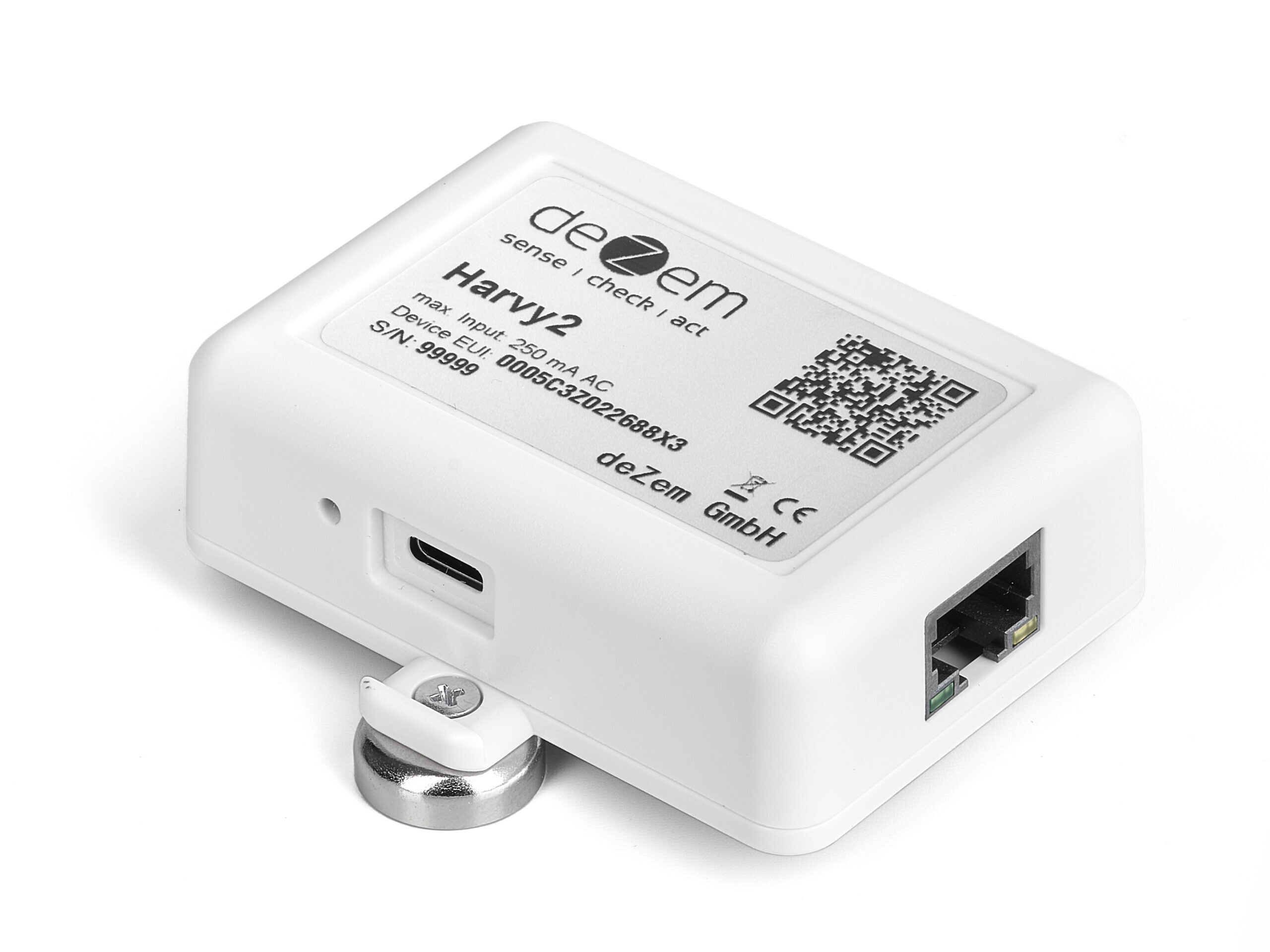 Perspektivische Vorderansicht des Harvy2 LoRaWAN-Stromsensor mit QR-Code zur bequemen Auslesung der Device EUI.