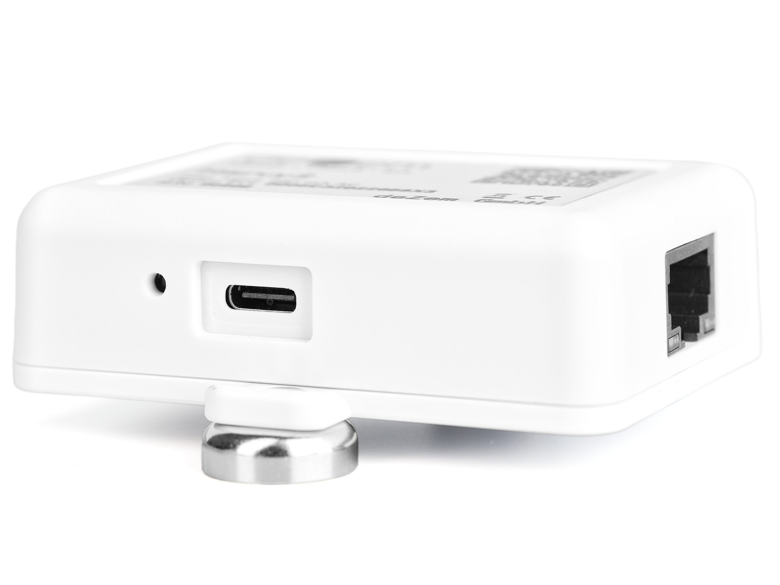 Seitenansicht des Harvy2 LoRaWAN-Stromsensor mit USB-C-Anschluss zur bequemen Konfiguration.