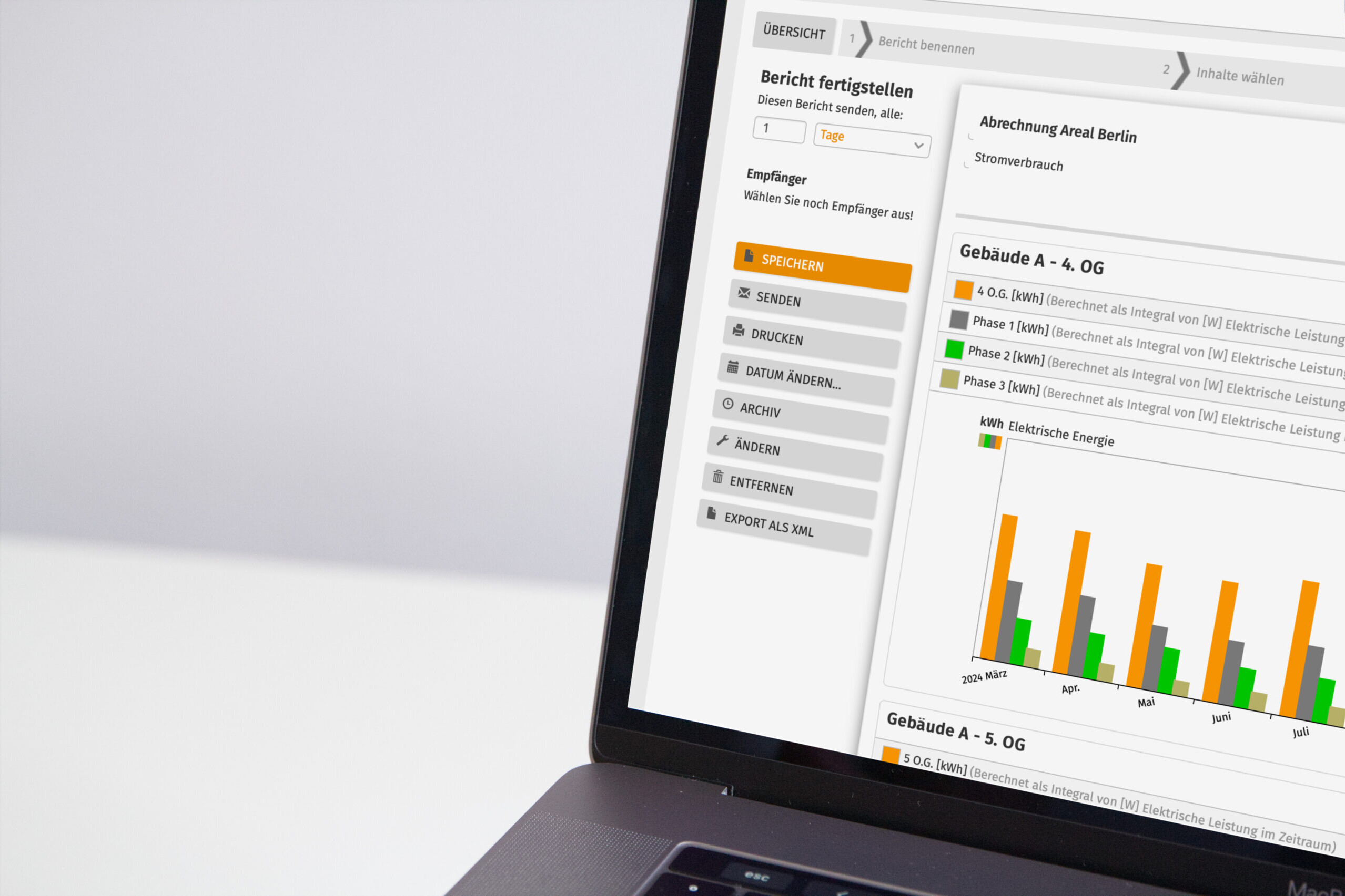 El módulo de informes del software de gestión energética deZem en el portátil, para crear fácilmente informes energéticos.